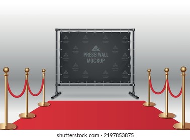 Realistic black press wall mockup near red carpet with golden pillars vector illustration