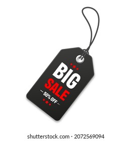 Realistic black price tag. Special offer or shopping discount label. Retail paper sticker. Promotional sale badge. Vector illustration.