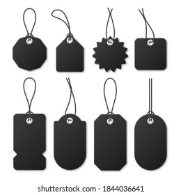 Realistic black price tags collection. Special offer or shopping discount label. Retail paper sticker. Promotional sale badge. Vector illustration.