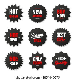 Realistic black price tags collection. Special offer or shopping discount label. Retail paper sticker. Promotional sale badge. Vector illustration.