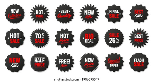 Realistic black price tags collection. Special offer or shopping discount label. Retail paper sticker. Promotional sale badge. Vector illustration.