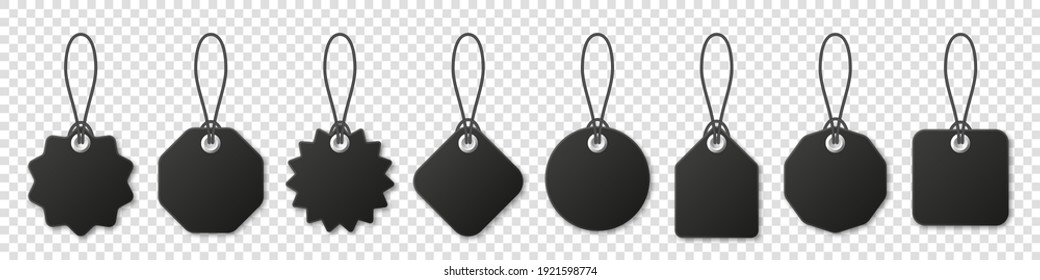 Realistic black price tags collection. Special offer or shopping discount label. Retail paper sticker. Blank promotional sale badge. Vector illustration.