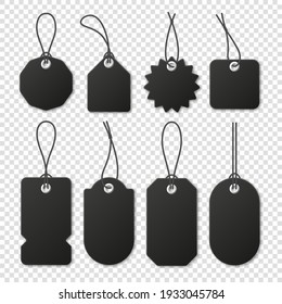 Realistic black price tags collection. Special offer or shopping discount label. Retail paper sticker. Blank promotional sale badge. Vector illustration.