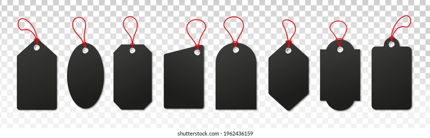 Realistic black price tags collection. Special offer or shopping discount label. Retail paper sticker. Blank promotional sale badge. Vector illustration eps 10