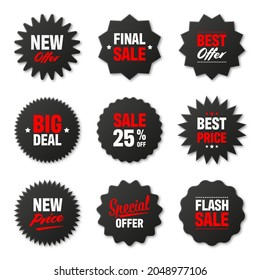 Realistic black price tags collection. Special offer or shopping discount label. Retail paper sticker. Promotional sale badge. Vector illustration.