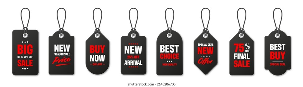 Realistic black price tags collection. Special offer or shopping discount label. Retail paper sticker. Promotional sale badge. Vector illustration.