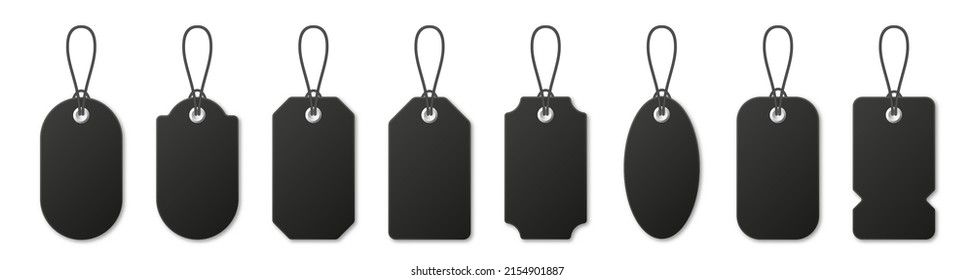 Realistic black price tags collection. Special offer or shopping discount label. Retail paper sticker. Promotional sale badge. Vector illustration.
