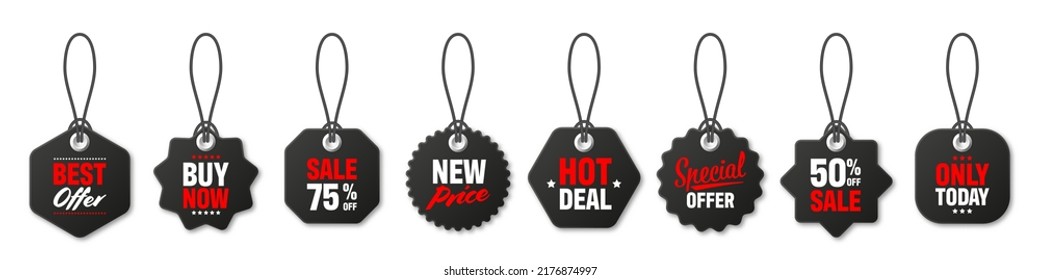 Realistic black price tags collection. Special offer or shopping discount label. Retail paper sticker. Promotional sale badge. Vector illustration.