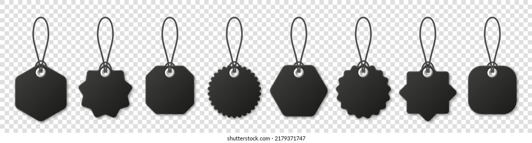 Realistic black price tags collection. Special offer or shopping discount label. Retail paper sticker. Blank promotional sale badge. Vector illustration.