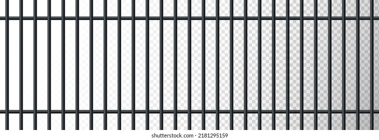 Realistic black prison metal bars isolated on transparent background. Iron jail dark cage. Prison fence jail. Template design for criminal or sentence. Vector illustration