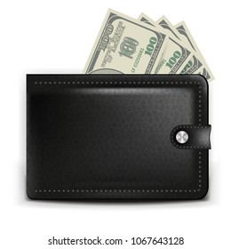 A realistic black purse with a payment card and coins