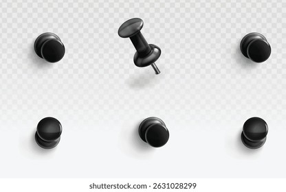 Alfinetes pretos realistas com pontas metálicas afiadas e sombras sutis, isolados em um fundo transparente. Perfeito para maquetes de corkboard, visuais de projeto DIY ou elementos de design organizacional.