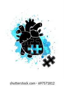 Realistic black puzzle heart and a missing puzzle piece. Blue background.