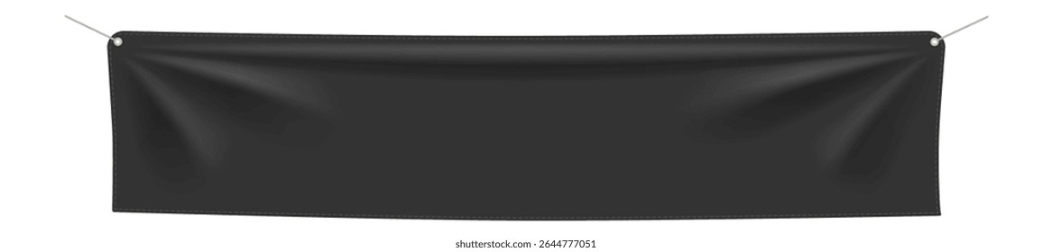 Realistic black rectangular textile banner hanging on ropes secured by grommets, isolated against a white background, gently waving in the wind, ideal for marketing and promotional displays
