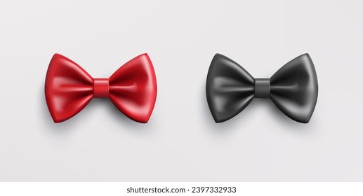 Realistic black and red bow tie. Vector classic silk or satin, glossy necktie isolated on white background.