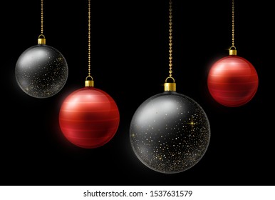 Realistic black and red Christmas balls hanging on gold beads chains on dark background