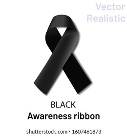 Realistic black ribbon folded in a loop on a white background. A black crossed ribbon is a symbol of problem melanoma, a symbol of the memory of the victims of Stalinism and Nazism