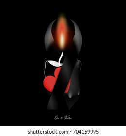 Realistic black ribbon, mourning / melanoma awareness sign / symbol, with black candle with realistic glow and red heart. Mourning background