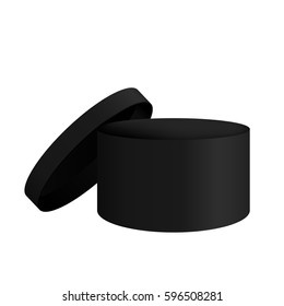 Realistic black round box with lid, 3D vector illustration, isolated on white background