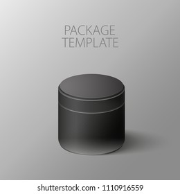 Realistic black round package box for products, isolated on grey background, vector illustration. EPS 10