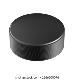 Realistic black rubber hockey puck isolated on white background. Ice hockey competition and design element for tournament announcement. Sports equipment for team game on stadium vector illustration.