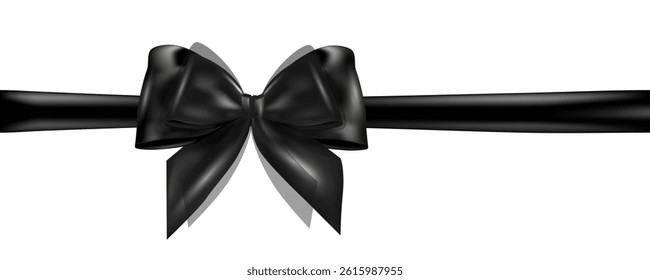 Realistic black satin ribbon with elegant bow on white background, suitable for gift wrapping, memorial designs, tribute graphics, packaging decoration, and elegant invitations.Vector illustration