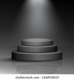 Realistic black scene with bright lightning. Round podium stairs. 3d rendering vector cylinder podium with spotlights for product presentation. Dark 3D display product scene, platform mock up