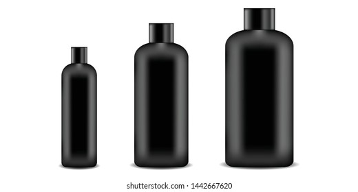 Realistic black set cosmetics container for soap, cream, lotion, shampoo vector illustration. Mock Up for cosmetics product