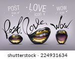 Realistic black sexy Lips with yellow paint on them. Stylized glamorous Lips icon set with Post, Love and Wow words. Vector