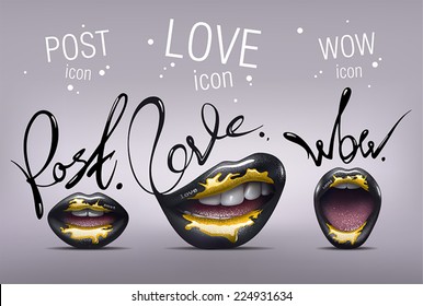 Realistic Black Sexy Lips With Yellow Paint On Them. Stylized Glamorous Lips Icon Set With Post, Love And Wow Words. Vector