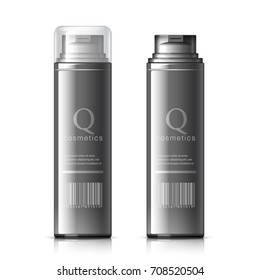 Realistic Black Shaving Foam Aerosol. Cosmetics bottle can Spray, Deodorant, Air Freshener. With lid. Object, shadow, and reflection on separate layers. Vector illustration