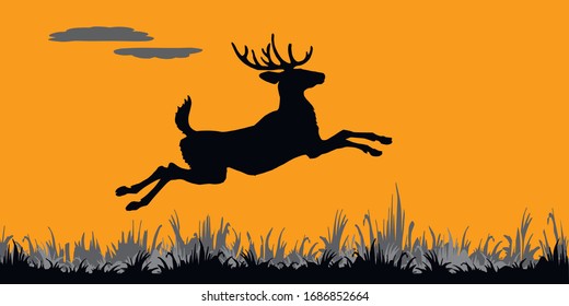 realistic black silhouette of a forest deer galloping across a field on an orange  background