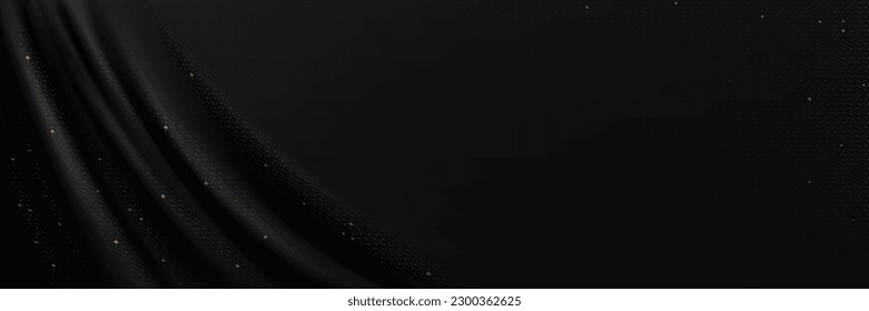 Realistic black silk cloth background with golden dotted ornament. Vector illustration of satin drapery texture. Luxury glossy cloth with wavy surface. Fashion show banner template. Smooth textile