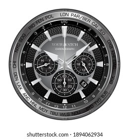 Realistic black silver clock watch face chronograph luxury on white background vector illustration.