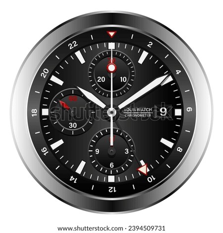 Realistic black silver black clock watch face chronograph red arrow white number luxury isolated background vector illustration.