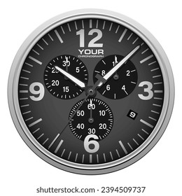 Realistic black silver dark grey clock watch face chronograph white arrow number luxury on isolated background vector illustration.