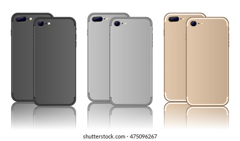 Realistic black, silver, gold smartphone back view. Vector illustration. High detailed smartphone back side 3d. pro dual camera cell phone mockup. 
