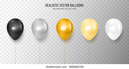 Realistic black, silver, gold, yellow and white balloon vector illustration on transparent background. Decoration element design for birthday, wedding, parties, celebrate festive. 
