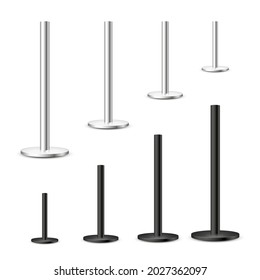 Realistic black and silver metal poles collection isolated on white background. Glossy steel pipes of various diameters. Billboard or advertising banner mount, holder. Vector illustration.