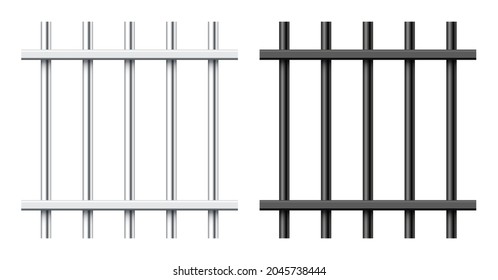 Realistic black and silver metal prison bars isolated on white background. Detailed jail cage, prison iron fence. Criminal background mockup. Creative vector illustration.