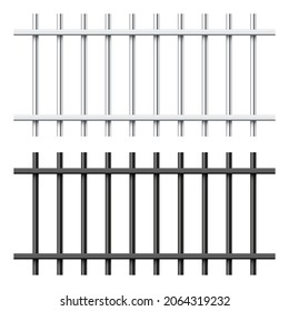 Realistic black and silver metal prison bars isolated on white background. Detailed jail cage, prison iron fence. Criminal background mockup. Creative vector illustration.