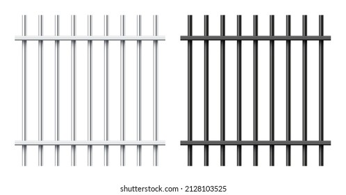 Realistic black and silver metal prison bars isolated on white background. Detailed jail cage, prison iron fence. Criminal background mockup. Creative vector illustration.