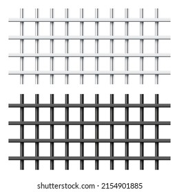 Barras realistas de prisión de metal negro y plata aisladas en fondo blanco. Una jaula carcelaria detallada, una cerca de hierro de la prisión. Broma de antecedentes penales. Ilustración vectorial creativa.