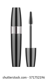 Realistic black and silver metallic tube with mascara and brush. 3d package. Container of cosmetic product for eye beauty. Vector illustration isolated on white background.