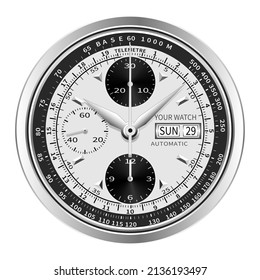 Realistic black silver white clock watch face chronograph luxury isolated background vector illustration.