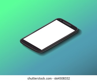 Realistic black smart phone cellular with shadow effect in isometric style on a green background. Vector illustration.