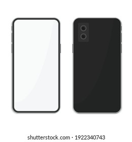 Realistic black Smartphone with blank screen, isolated on white background.  Modern Mobile phone Front and Back view. Smart Phones two sizes mockup design. Vector illustration EPS 10. 