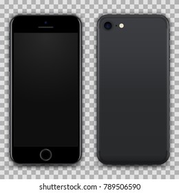 Realistic Black Smartphone with Blank Screen Isolated on Background. Front and Back View For Print, Web, Application. High Detailed Device Mockup Separate Groups and Layers. Easily Editable Vector.
