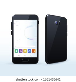Realistic Black Smartphone with Bubbles Background . Isolated Vector Elements