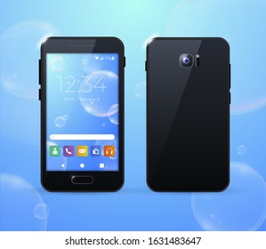 Realistic Black Smartphone with Bubbles Background . Isolated Vector Elements